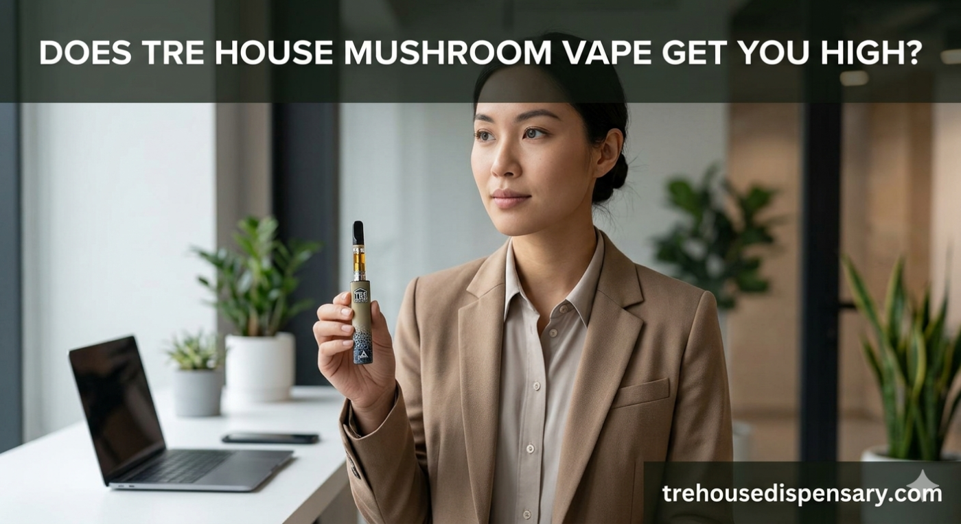 A professional woman in a blazer holding a vape pen in an office setting with text overlay asking Does Tre House Mushroom Vape Get You High?