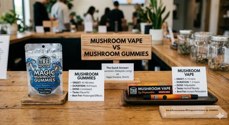 A realistic product counter display showing TRĒ House Mushroom Gummies and a 2g Disposable Mushroom Vape alongside an infographic card titled Mushroom Vape vs Mushroom Gummies: The Quick Answer for trehousedispensary.com.