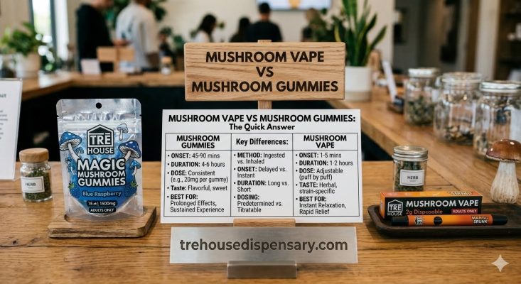 A realistic product counter display showing TRĒ House Mushroom Gummies and a 2g Disposable Mushroom Vape alongside an infographic card titled Mushroom Vape vs Mushroom Gummies: The Quick Answer for trehousedispensary.com.