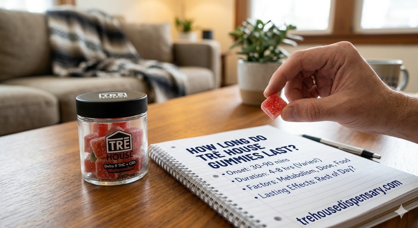 A person holding a single red edible square next to an open jar of TRĒ House Delta-9 THC Watermelon Gummies and a notebook timeline titled How Long Do Tre House Gummies Last for trehousedispensary.com.