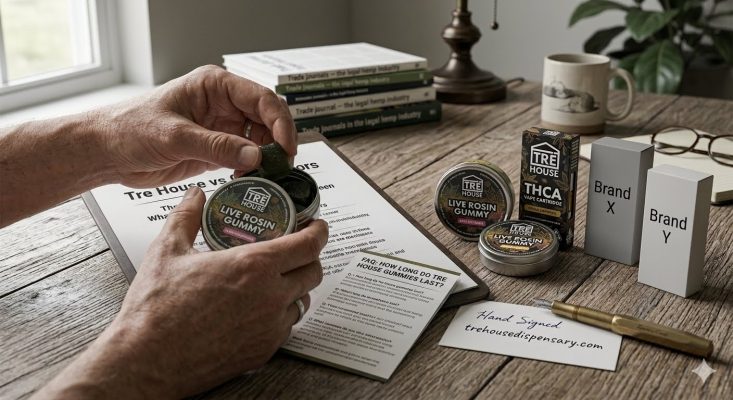  A person holding a single red edible square next to an open jar of TRĒ House Delta-9 THC Watermelon Gummies and a notebook timeline titled How Long Do Tre House Gummies Last for trehousedispensary.com.