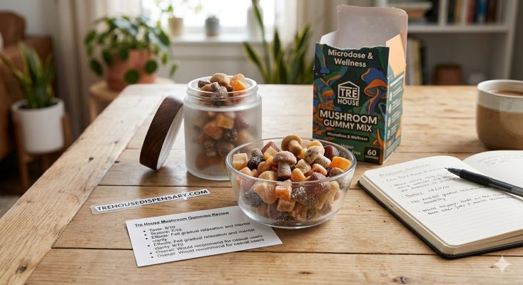 A realistic product display of TRĒ House Mushroom Gummies on a wooden counter for a Tre House Mushroom Gummies Review.