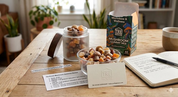 A professional product display of TRĒ House Mushroom Gummies on a counter featuring a review card titled Tre House Mushroom Gummies Review from trehousedispensary.com.