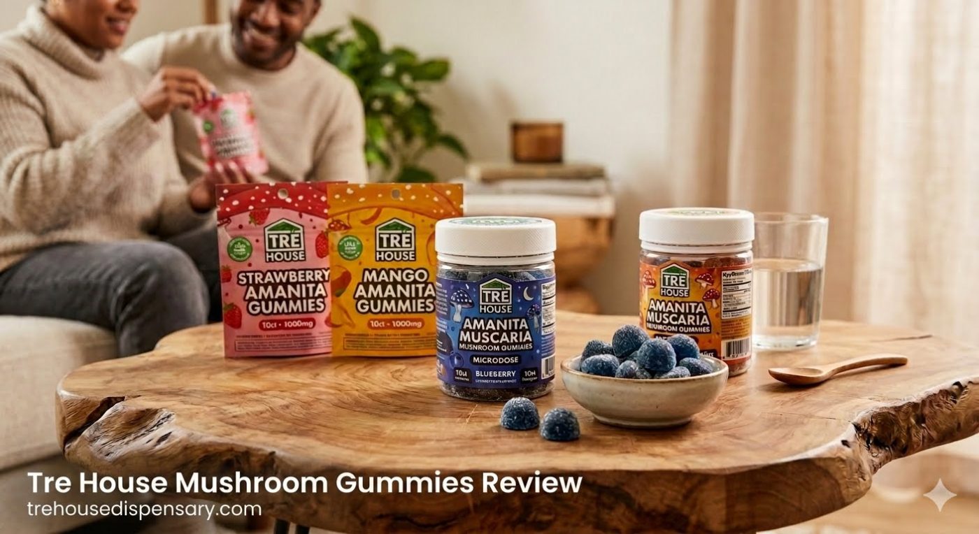 A professional product display of TRĒ House Mushroom Gummies on a counter featuring a review card titled Tre House Mushroom Gummies Review from trehousedispensary.com.