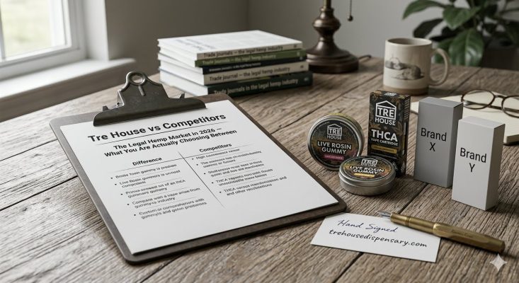 A professional product lineup comparing authentic TRĒ House gummies and vape pens against blurred competitor products on a concrete kitchen island for trehousedispensary.com.