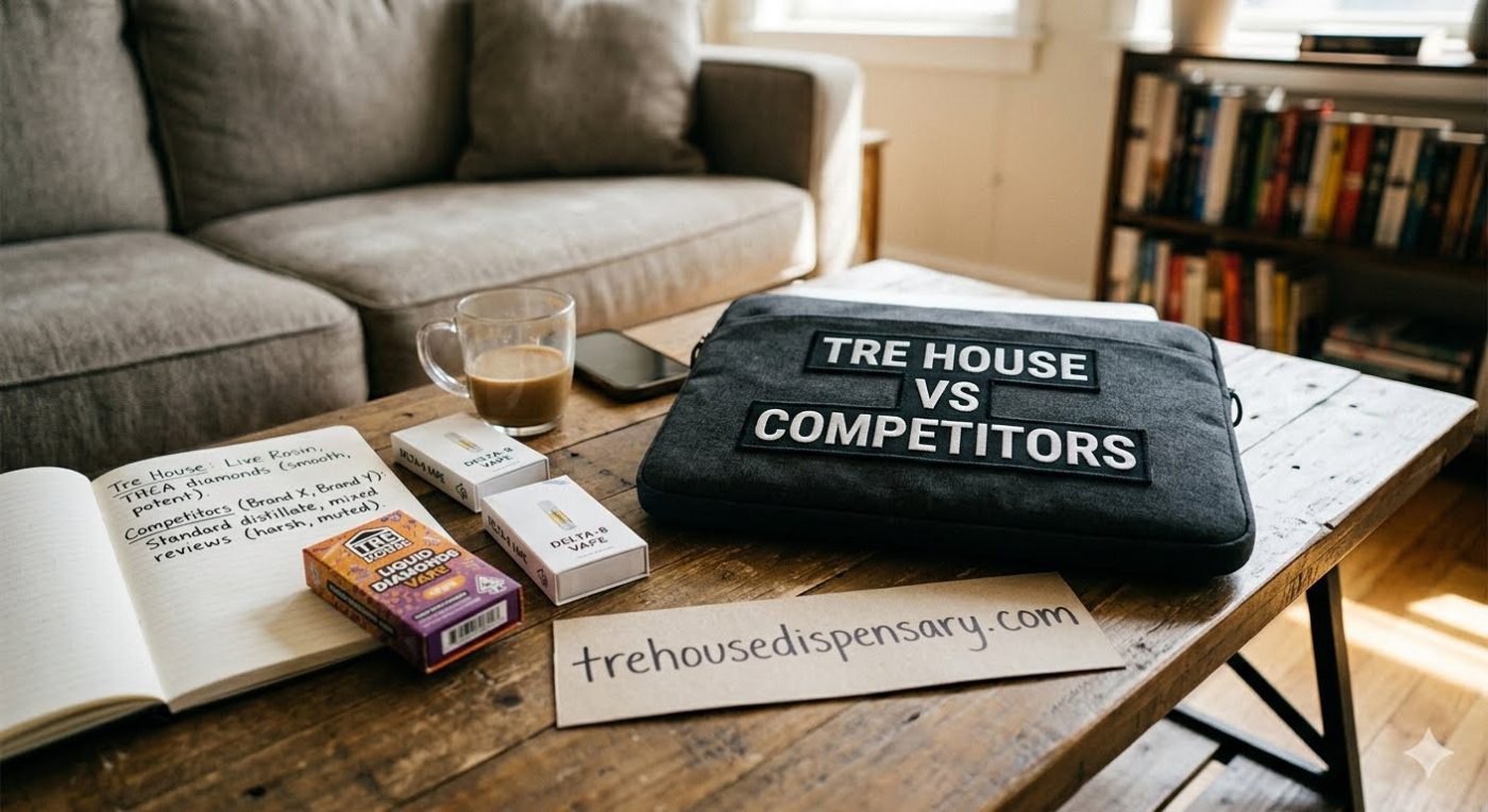 Tre House vs Competitors A professional product lineup comparing authentic TRĒ House gummies and vape pens against blurred competitor products on a concrete kitchen island for trehousedispensary.com.