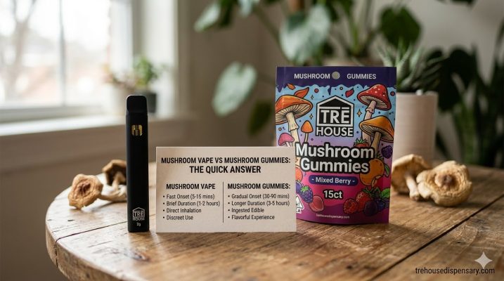 A side-by-side comparison of TRĒ House Mushroom Gummies and a Mushroom Vape vs Mushroom Gummies TRĒ House Mushroom Vape on a wooden table for trehousedispensary.com.