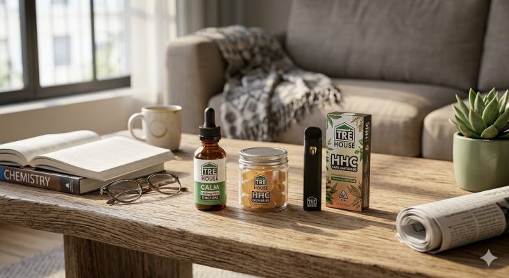 A professional product lineup of What Is HHC, TRĒ House HHC tincture, gummies, and vape cartridges arranged on a rustic wooden coffee table for trehousedispensary.com.