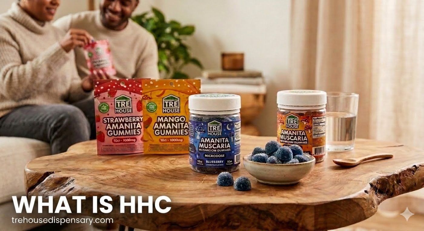 A realistic lifestyle display of TRĒ House cannabinoid products on a wooden coffee table with a text overlay asking What is HHC for trehousedispensary.com.